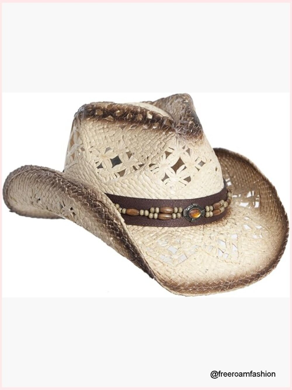 Straw Cowboy Hat with Vegan Leather Band & Beads, Shapeable Brim